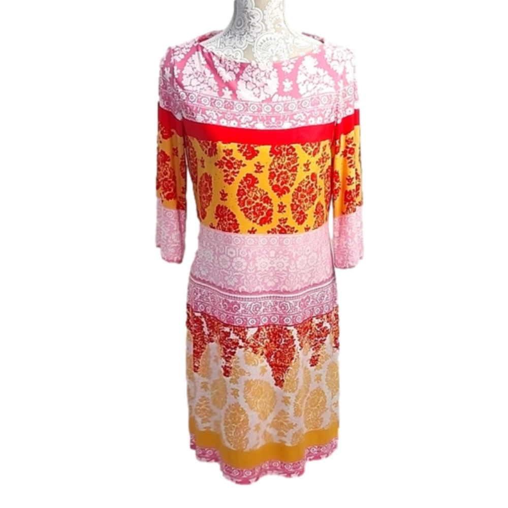 Donna Morgan Pink, Yellow & Red Patterned Midi Dress